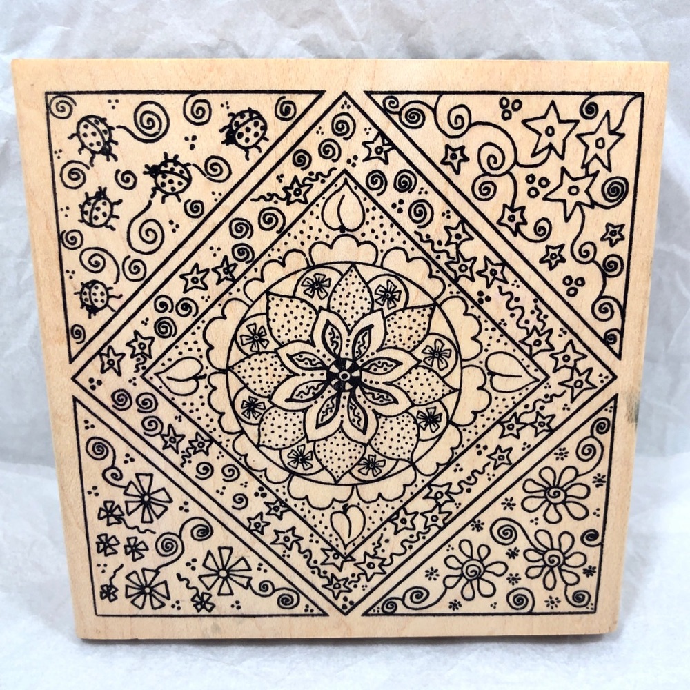 MAGENTA # 26025P FLORAL FRAME-IN-FRAME KALEIDOSCOPE WOODBLOCK RUBBER STAMP